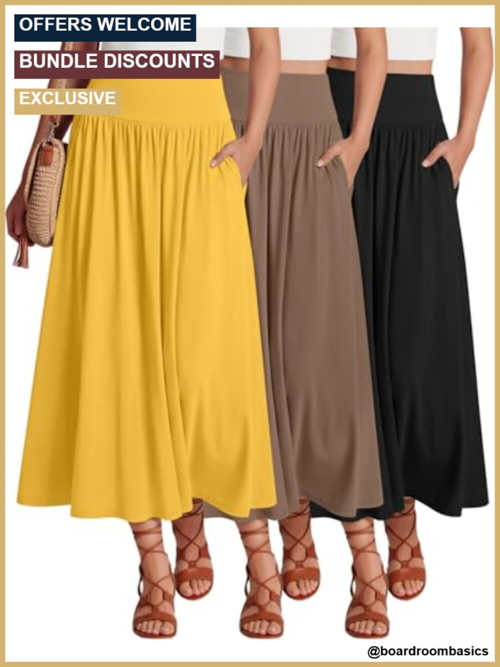 3 Pack Maxi Long Skirts for Women Pleated A-Line High Waist with Pockets